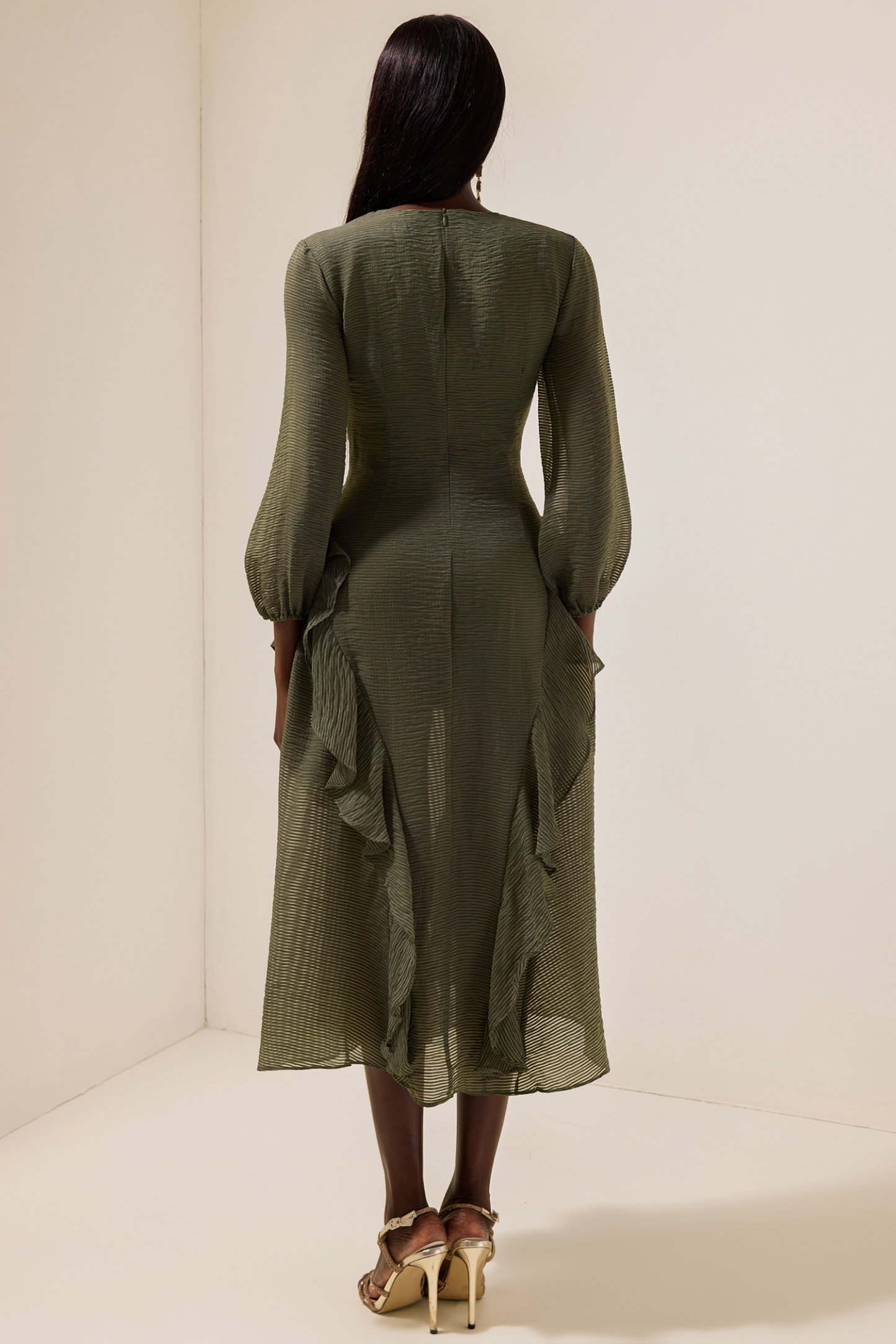 V-Neck Single Breasted Frill Midi Dress