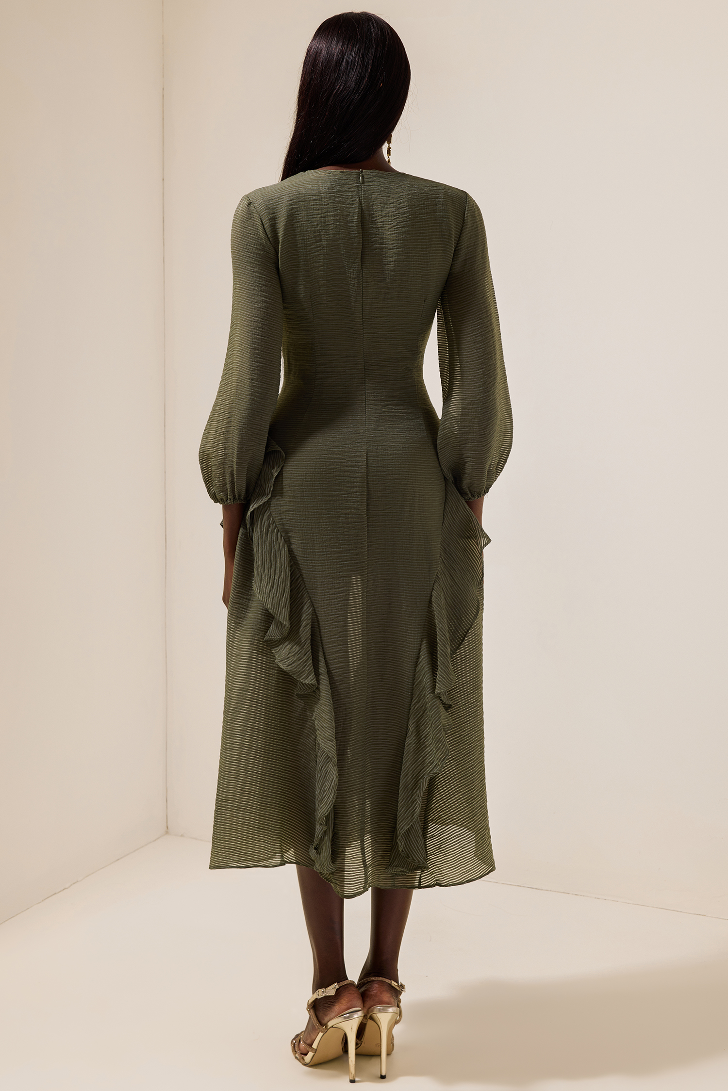 V-Neck Single Breasted Frill Midi Dress