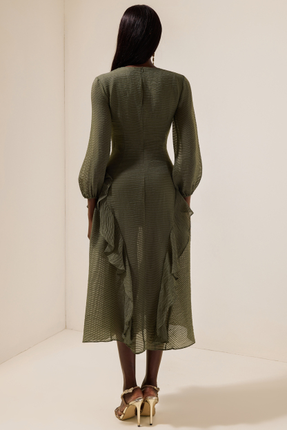 V-Neck Single Breasted Frill Midi Dress