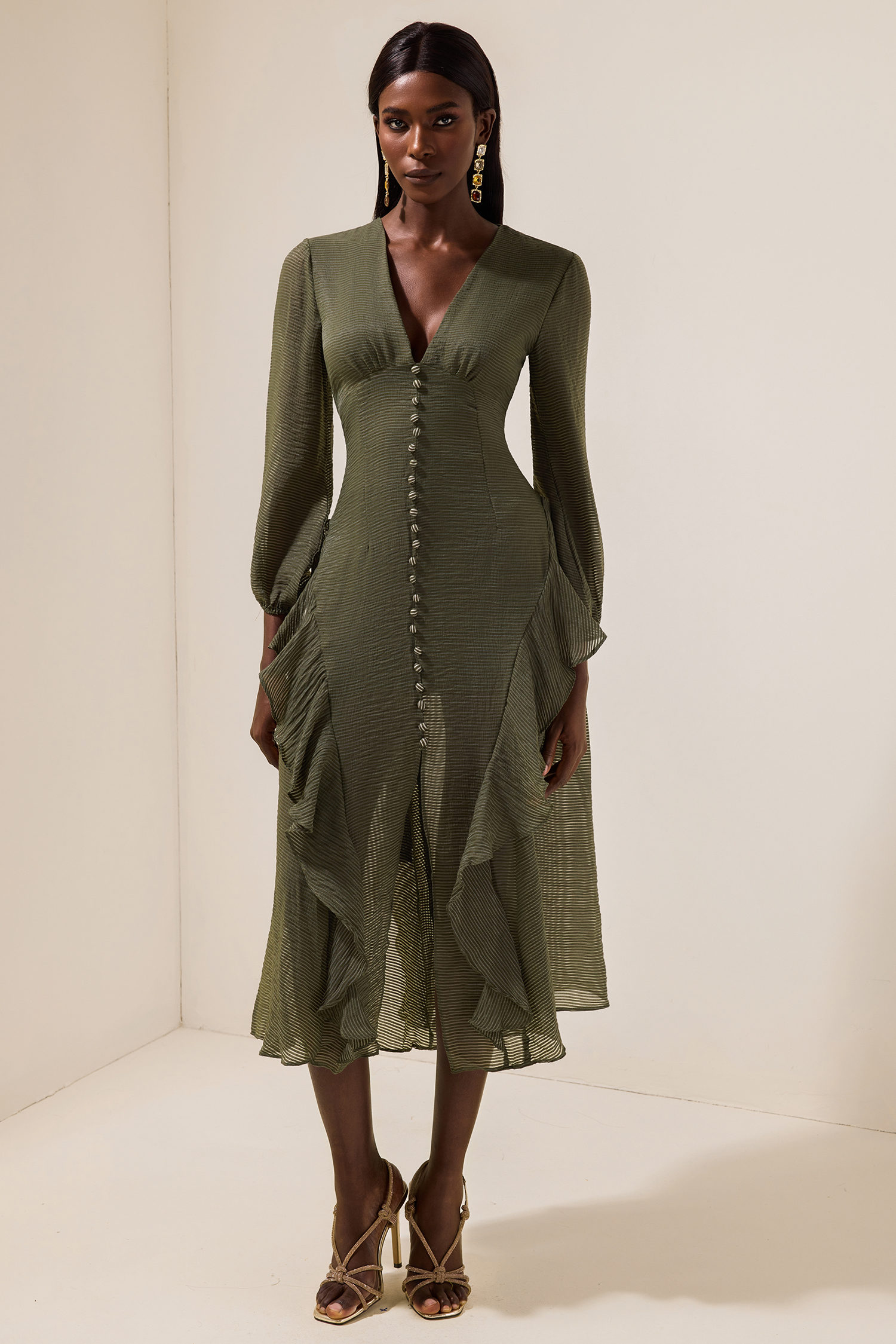 V-Neck Single Breasted Frill Midi Dress