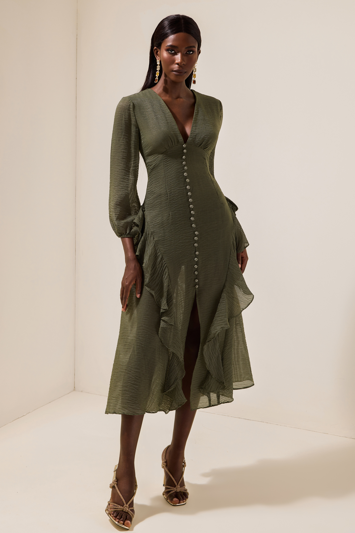 V-Neck Single Breasted Frill Midi Dress