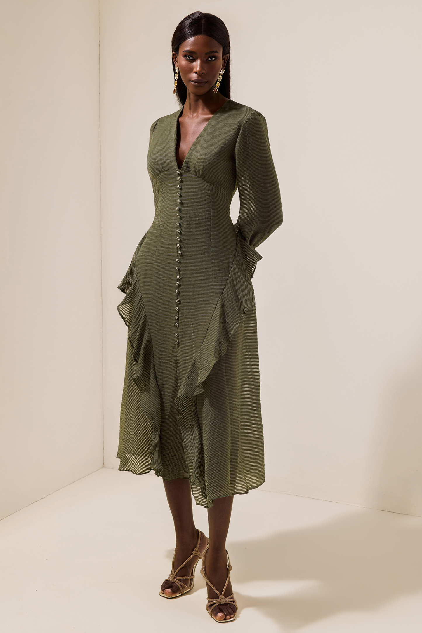 V-Neck Single Breasted Frill Midi Dress