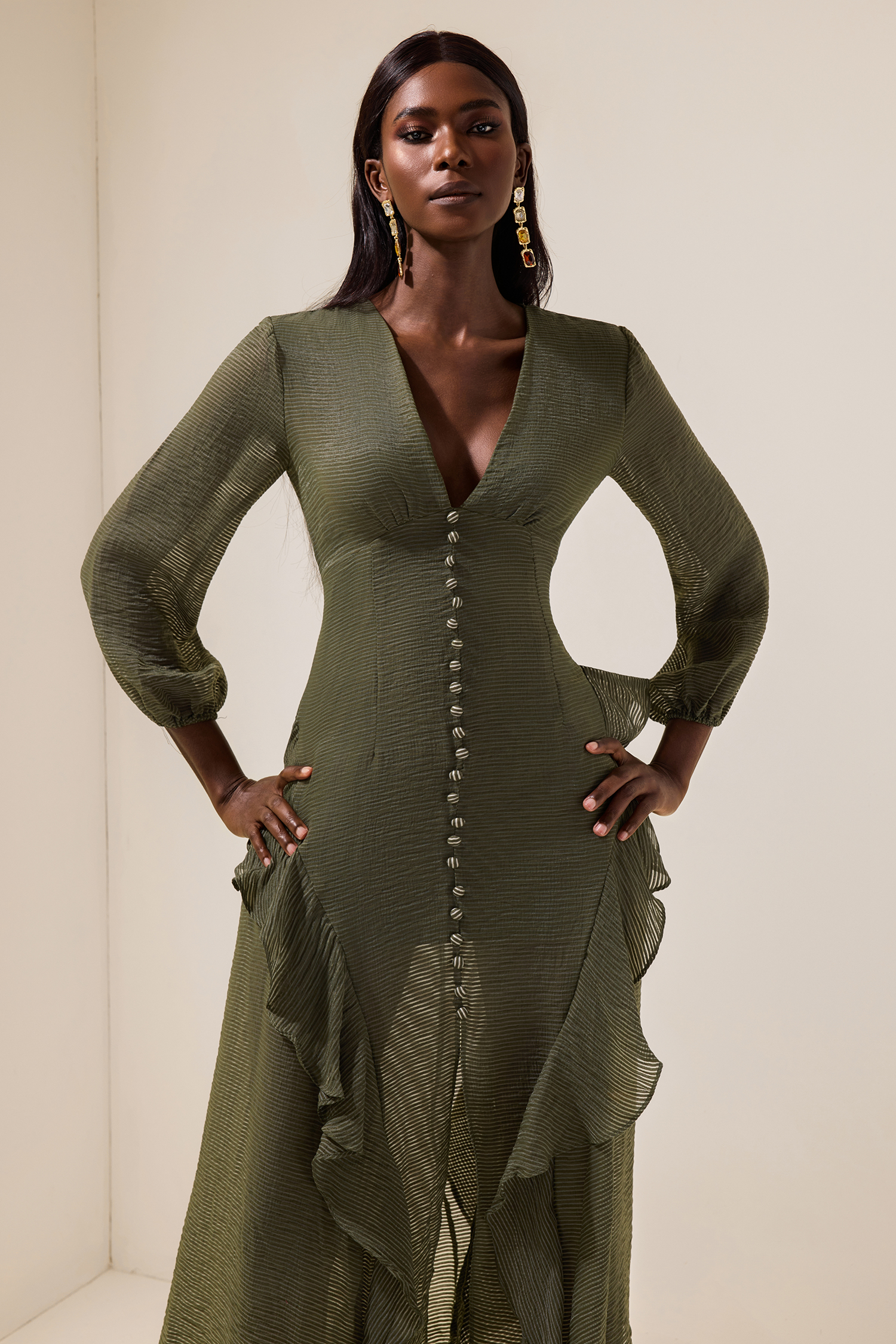 V-Neck Single Breasted Frill Midi Dress