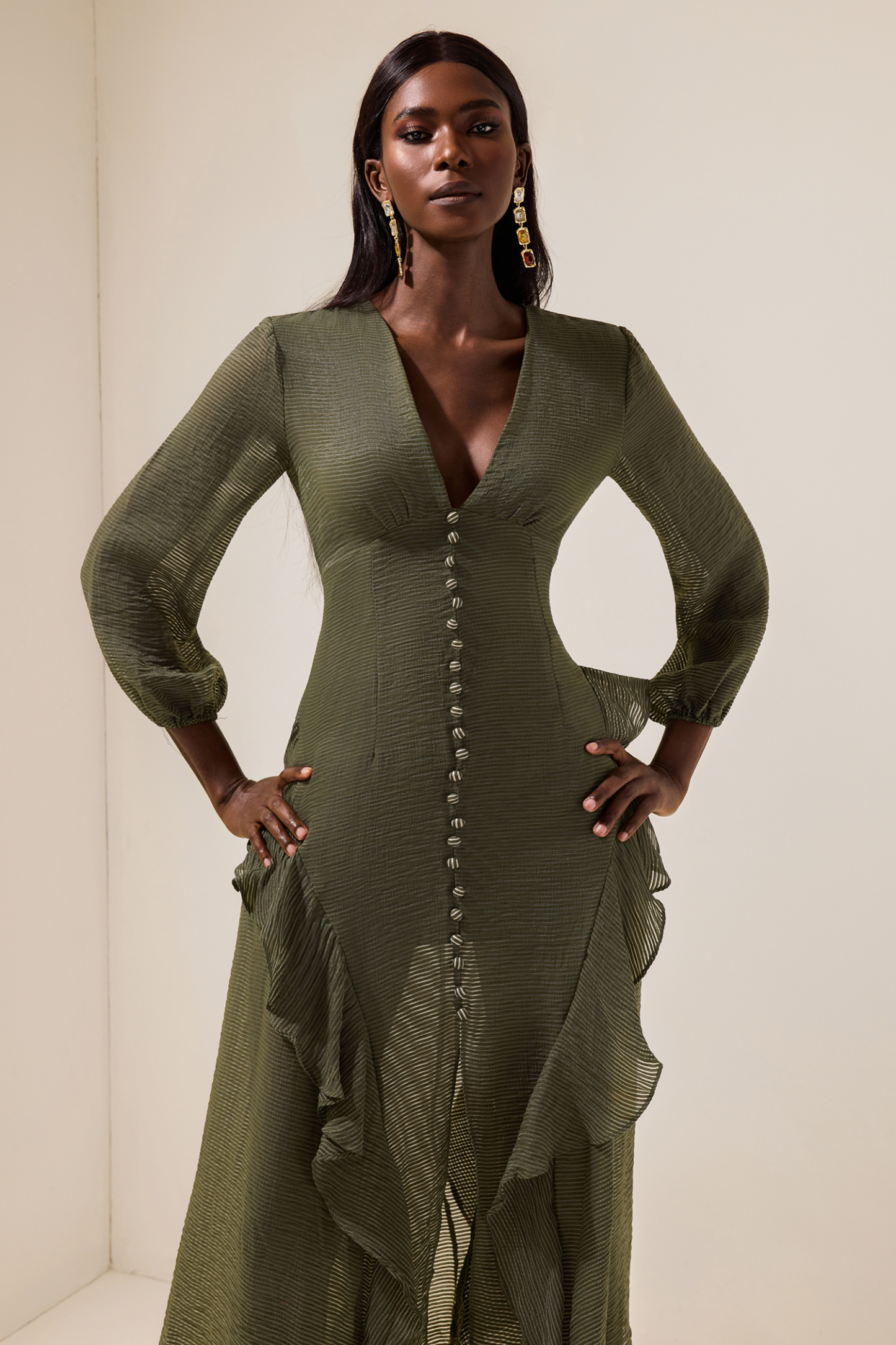 V-Neck Single Breasted Frill Midi Dress