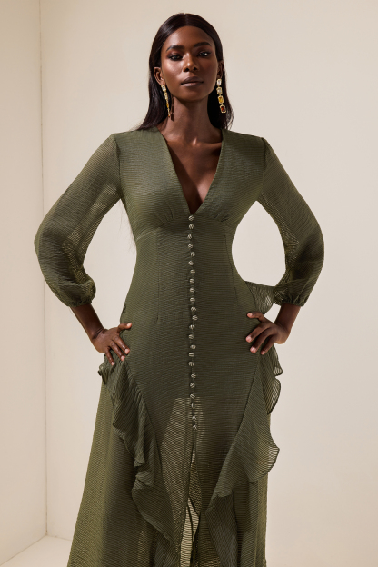 V-Neck Single Breasted Frill Midi Dress