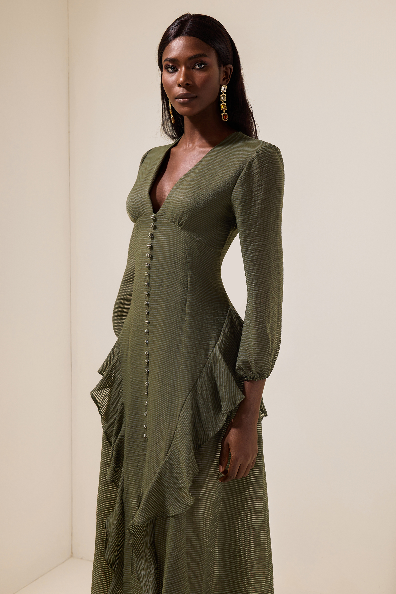 V-Neck Single Breasted Frill Midi Dress