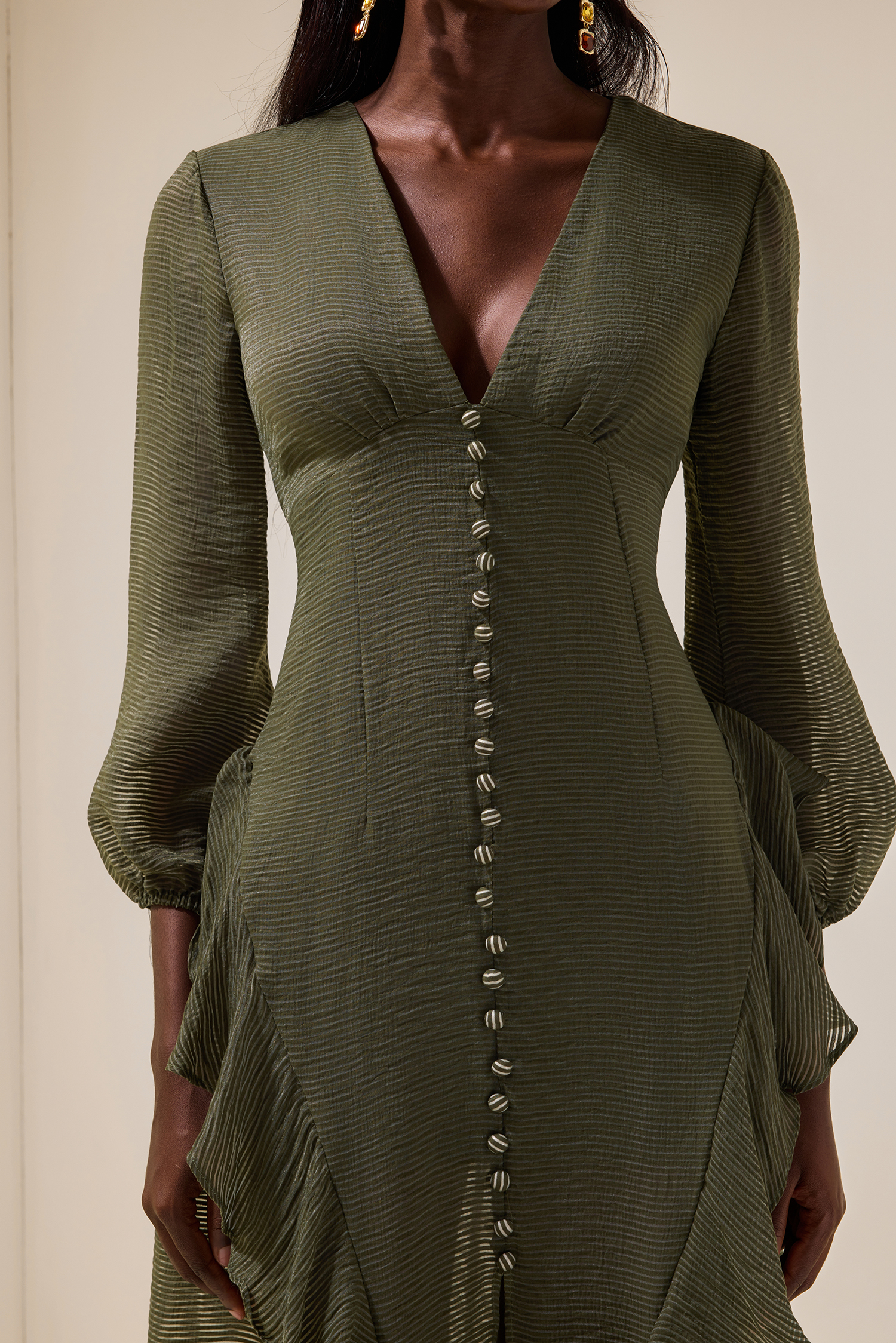 V-Neck Single Breasted Frill Midi Dress