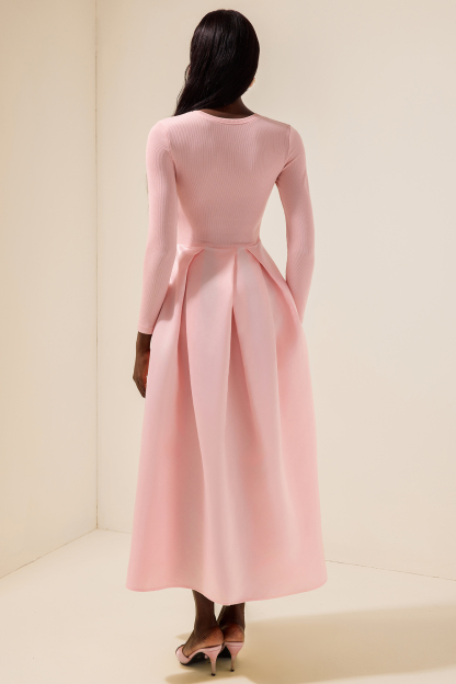 Jersey Splicing Satin Long Sleeve Midi Dress