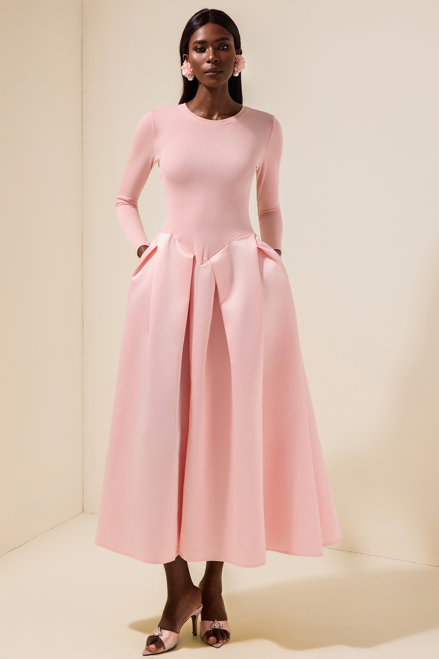 Jersey Splicing Satin Long Sleeve Midi Dress