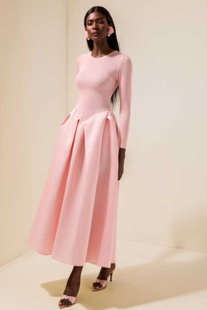 Jersey Splicing Satin Long Sleeve Midi Dress