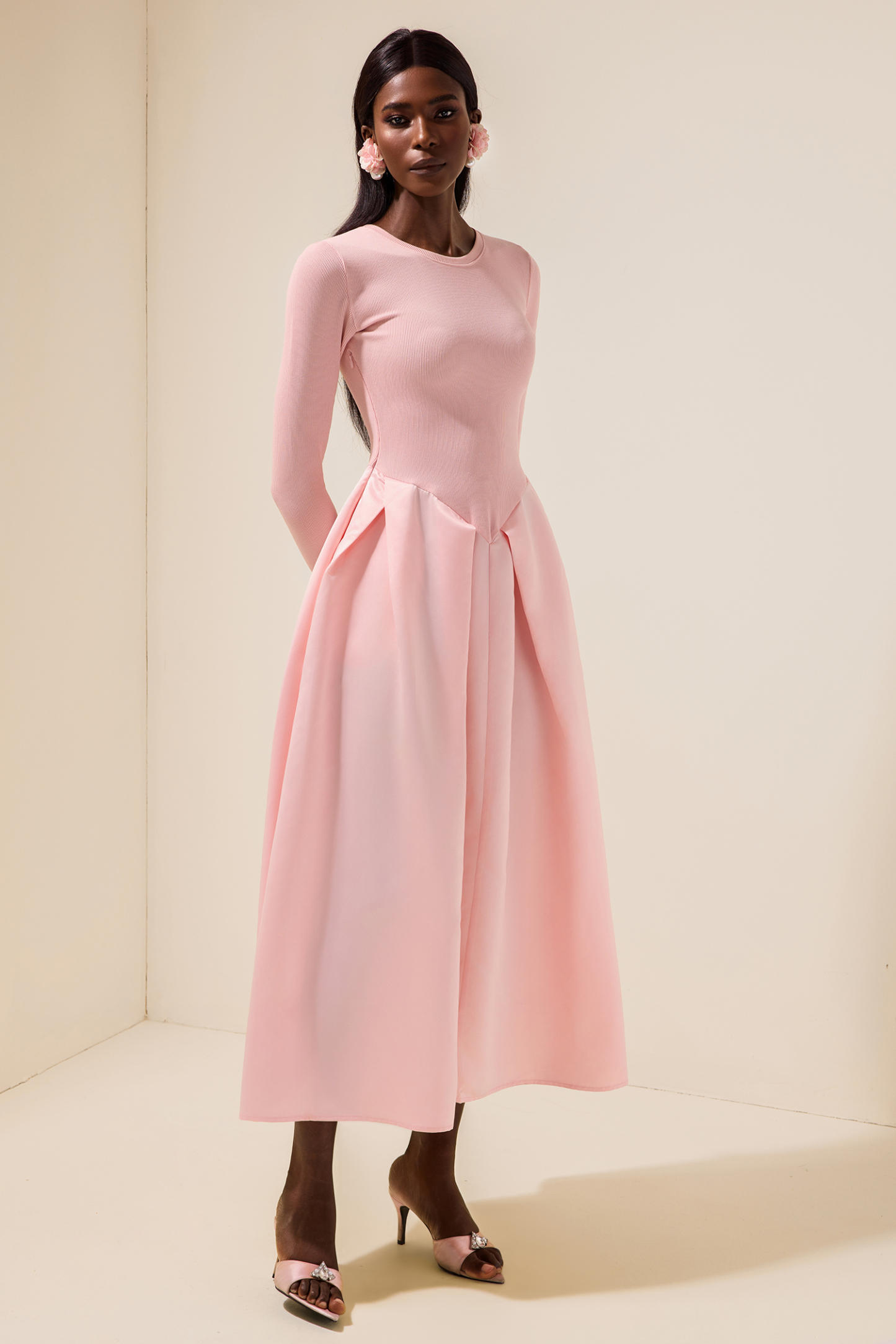 Jersey Splicing Satin Long Sleeve Midi Dress