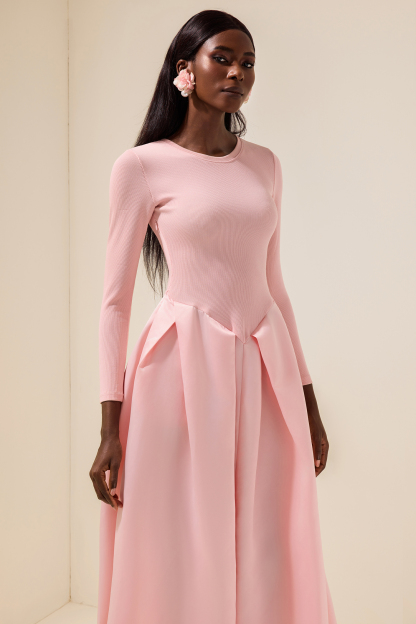 Jersey Splicing Satin Long Sleeve Midi Dress
