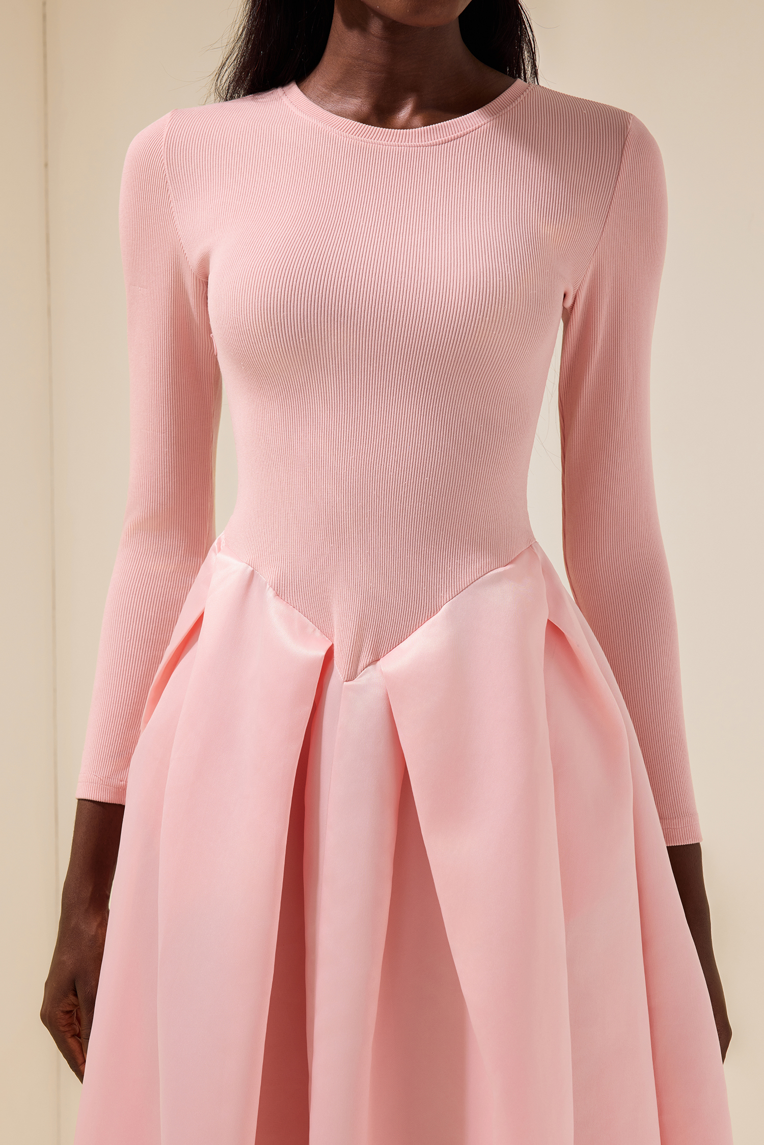 Jersey Splicing Satin Long Sleeve Midi Dress