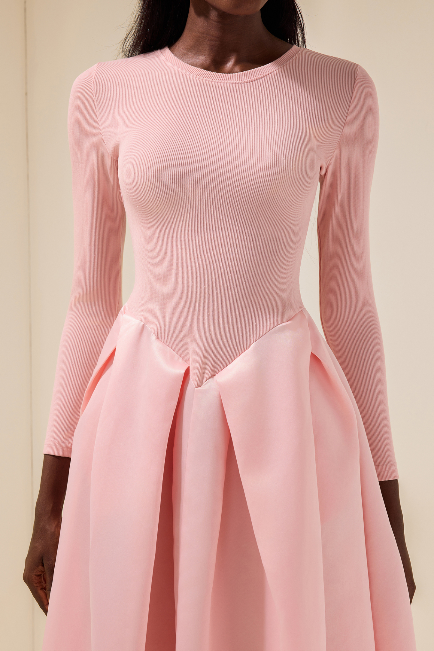 Jersey Splicing Satin Long Sleeve Midi Dress