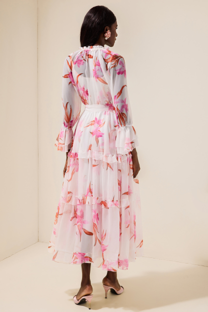 Chiffon Floral Rivet Midi Dress With Belt