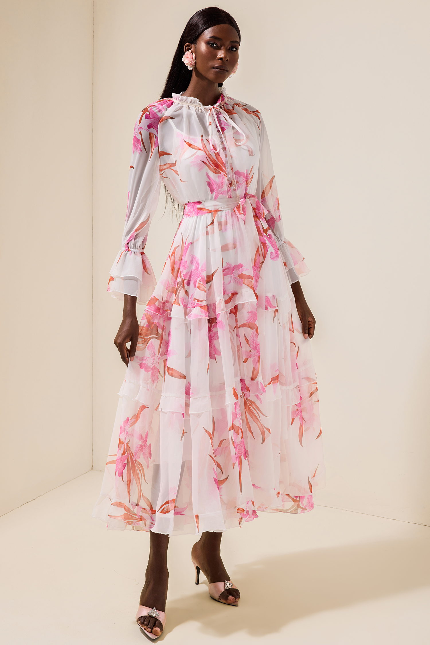 Chiffon Floral Rivet Midi Dress With Belt