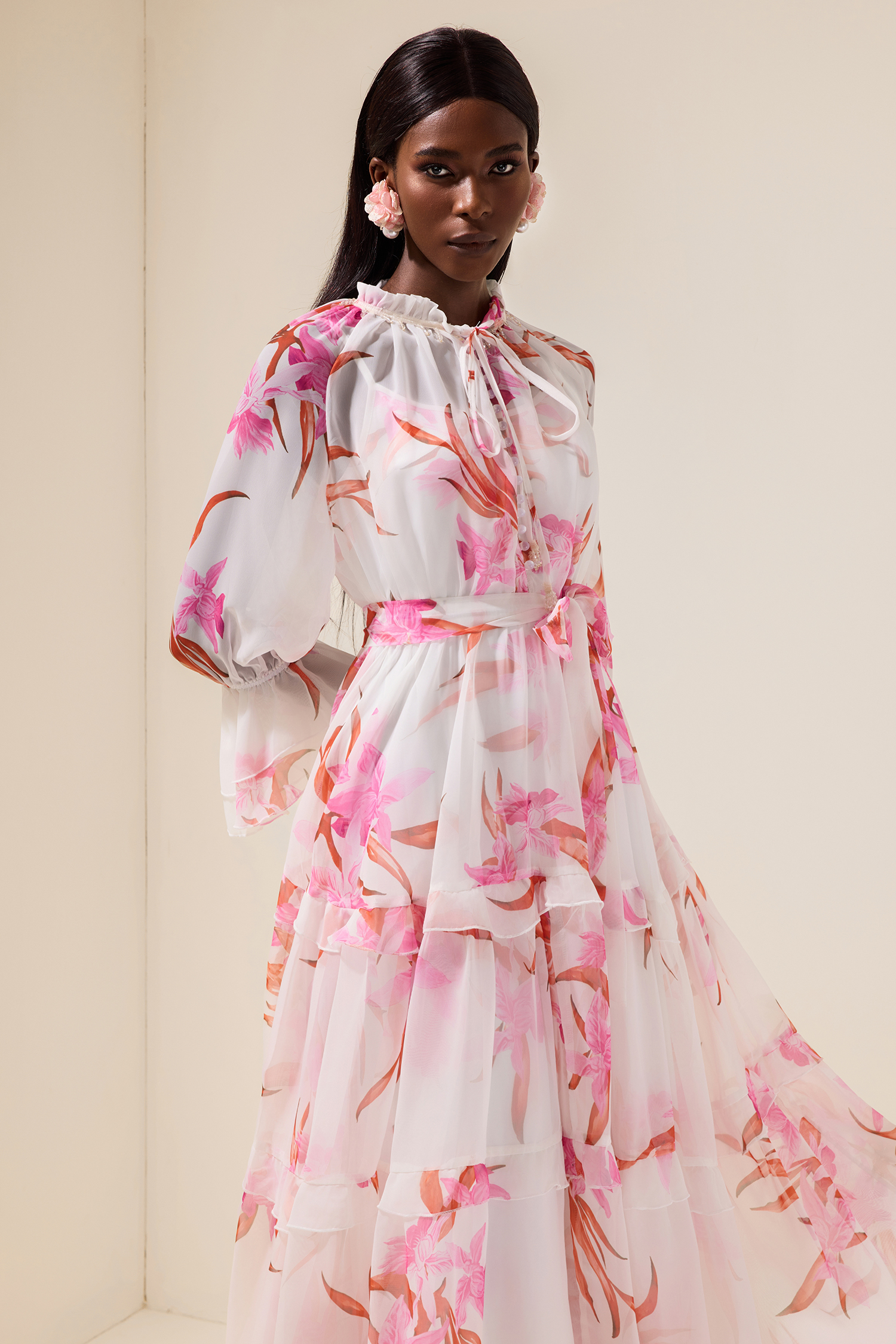 Chiffon Floral Rivet Midi Dress With Belt