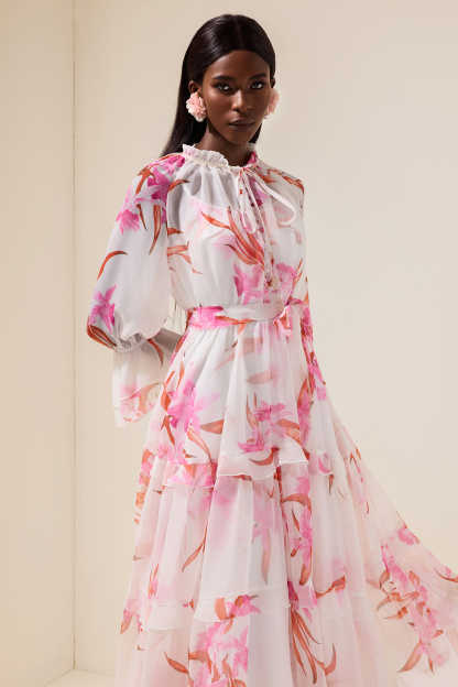 Chiffon Floral Rivet Midi Dress With Belt