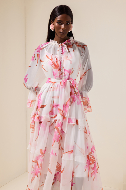 Chiffon Floral Rivet Midi Dress With Belt