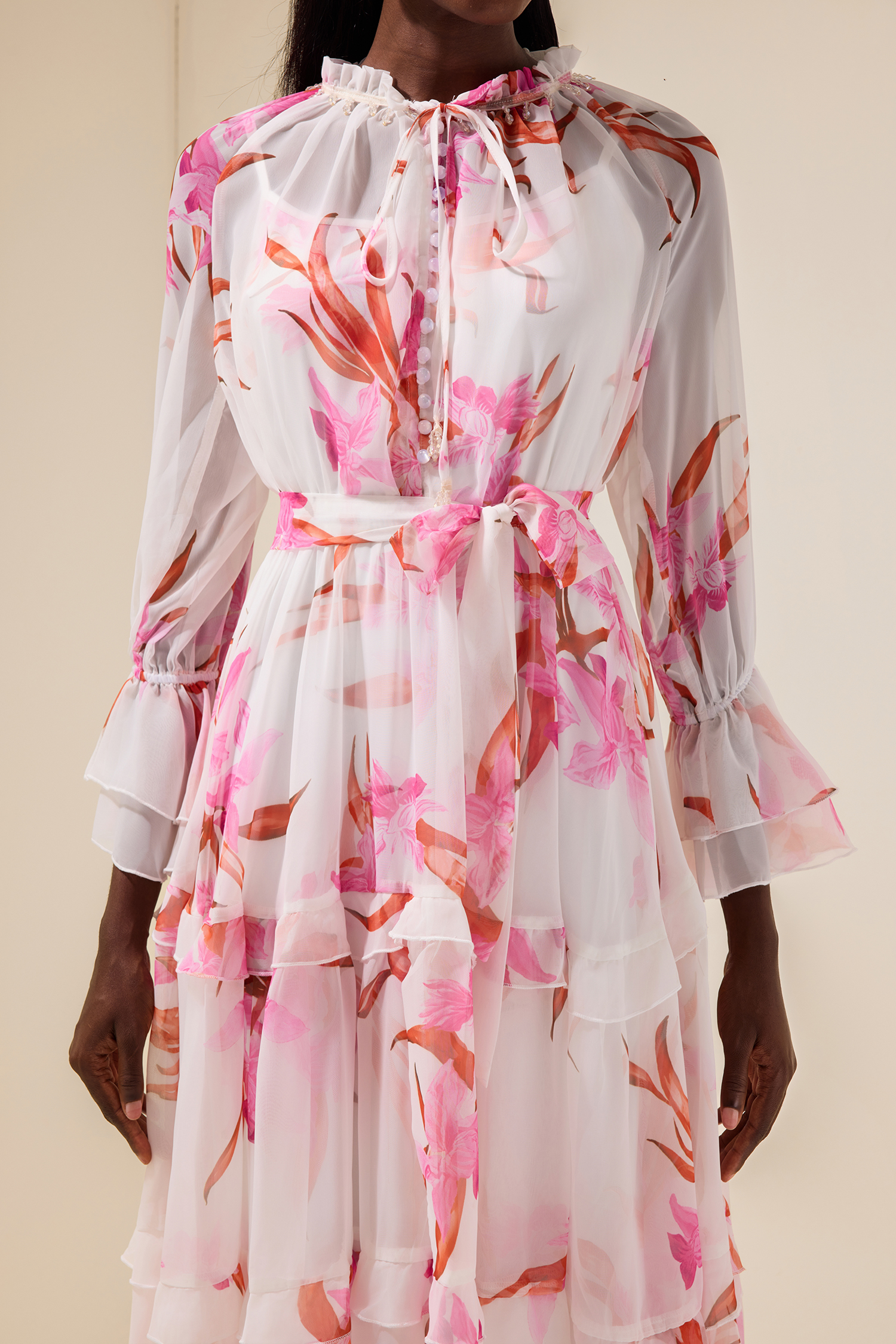 Chiffon Floral Rivet Midi Dress With Belt