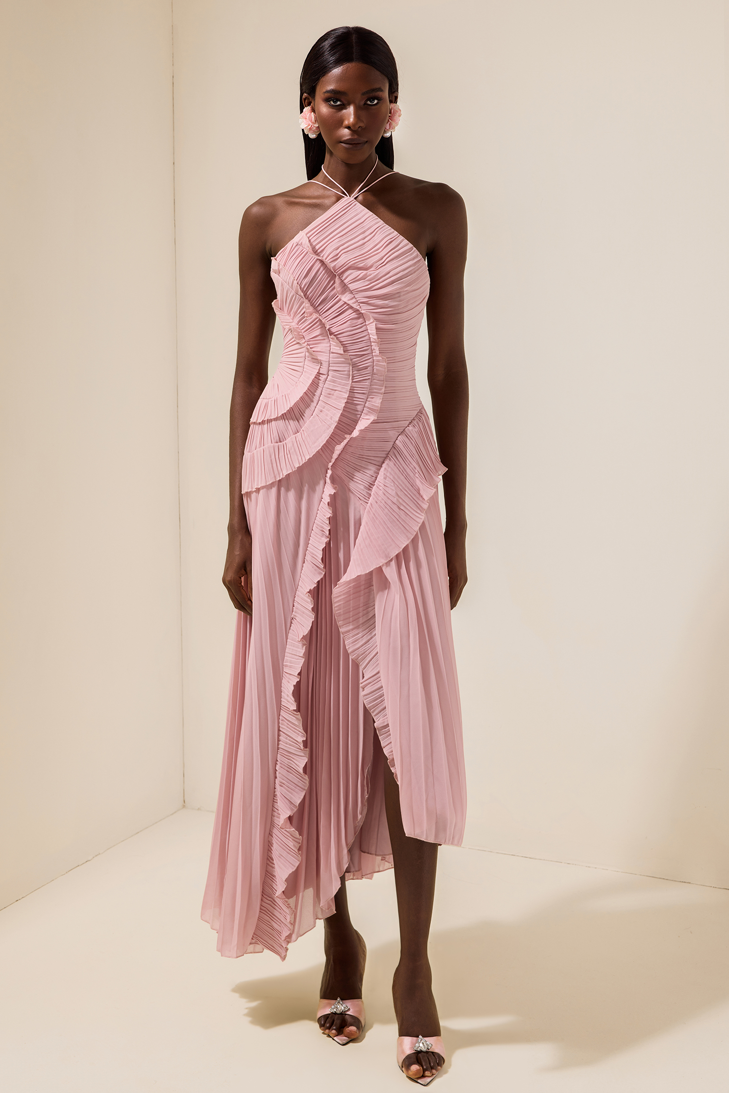 Pleated Frill Halter Neck Midi Dress