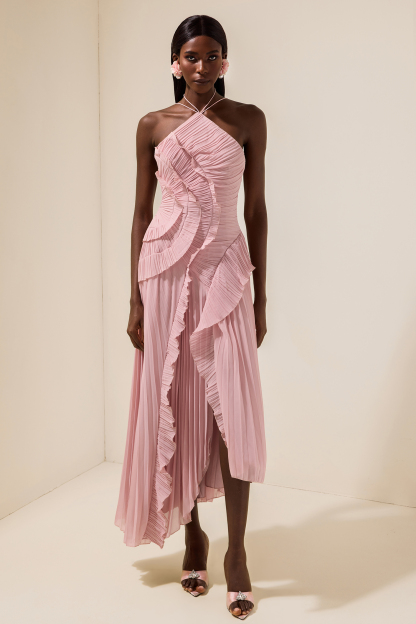 Pleated Frill Halter Neck Midi Dress