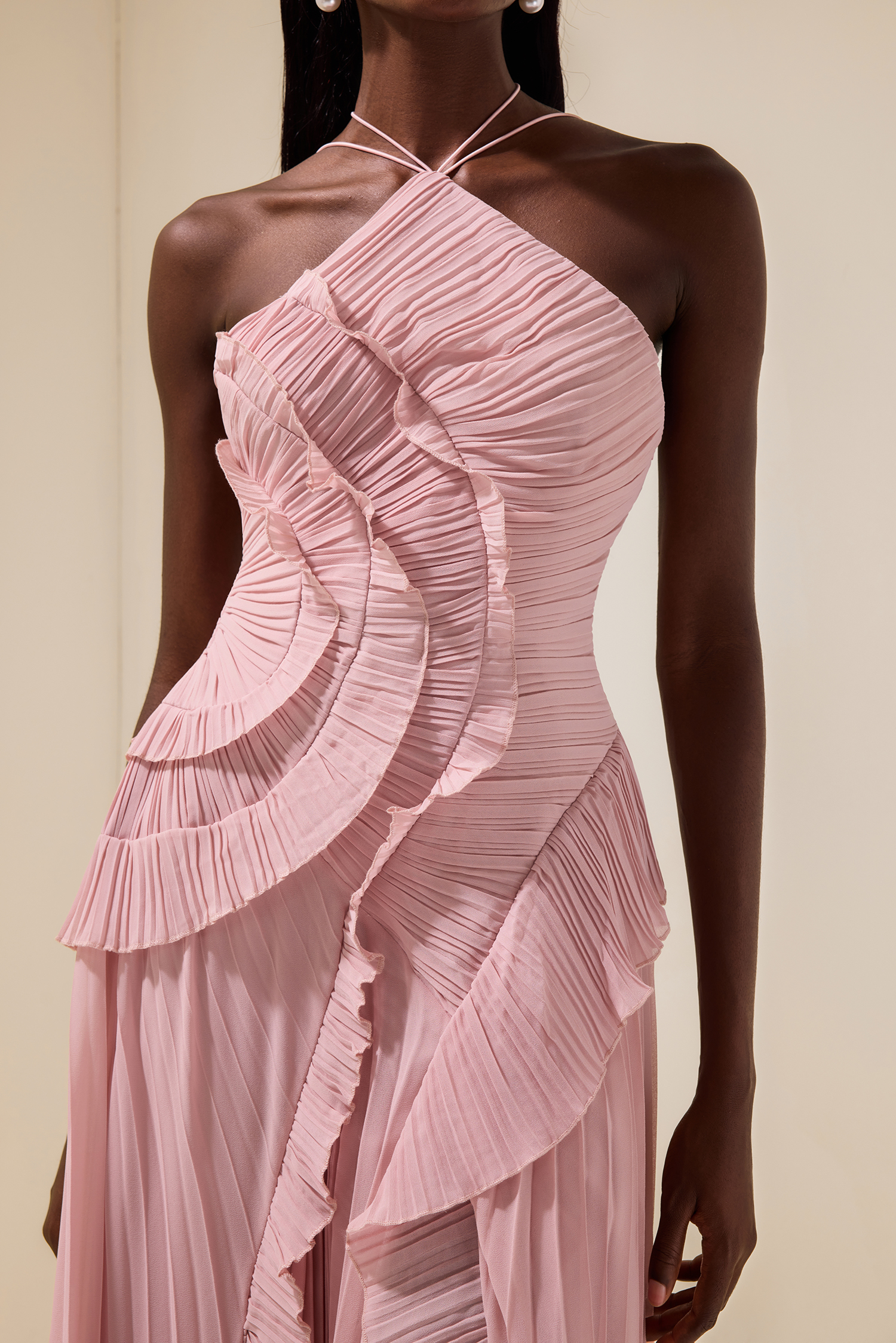 Pleated Frill Halter Neck Midi Dress