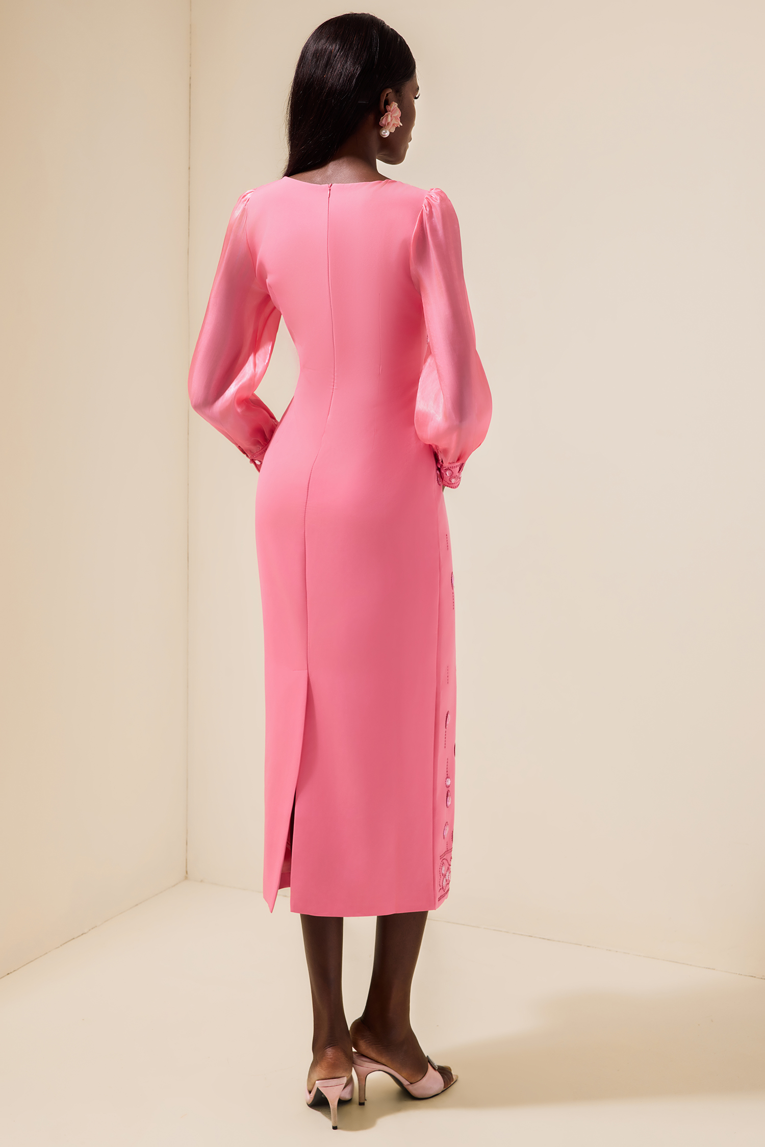 Rhinestone Puff Sleeve Slit Midi Dress