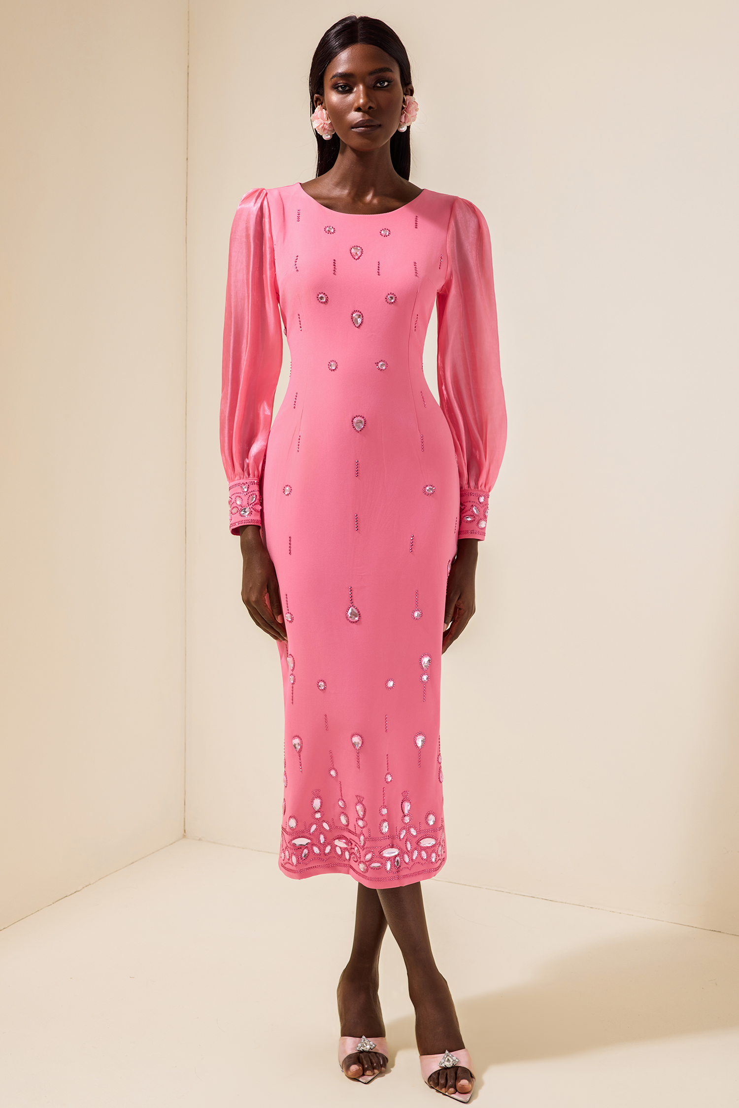 Rhinestone Puff Sleeve Slit Midi Dress