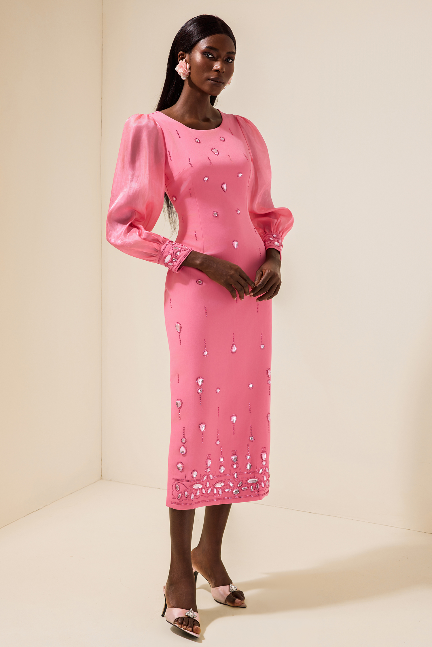 Rhinestone Puff Sleeve Slit Midi Dress