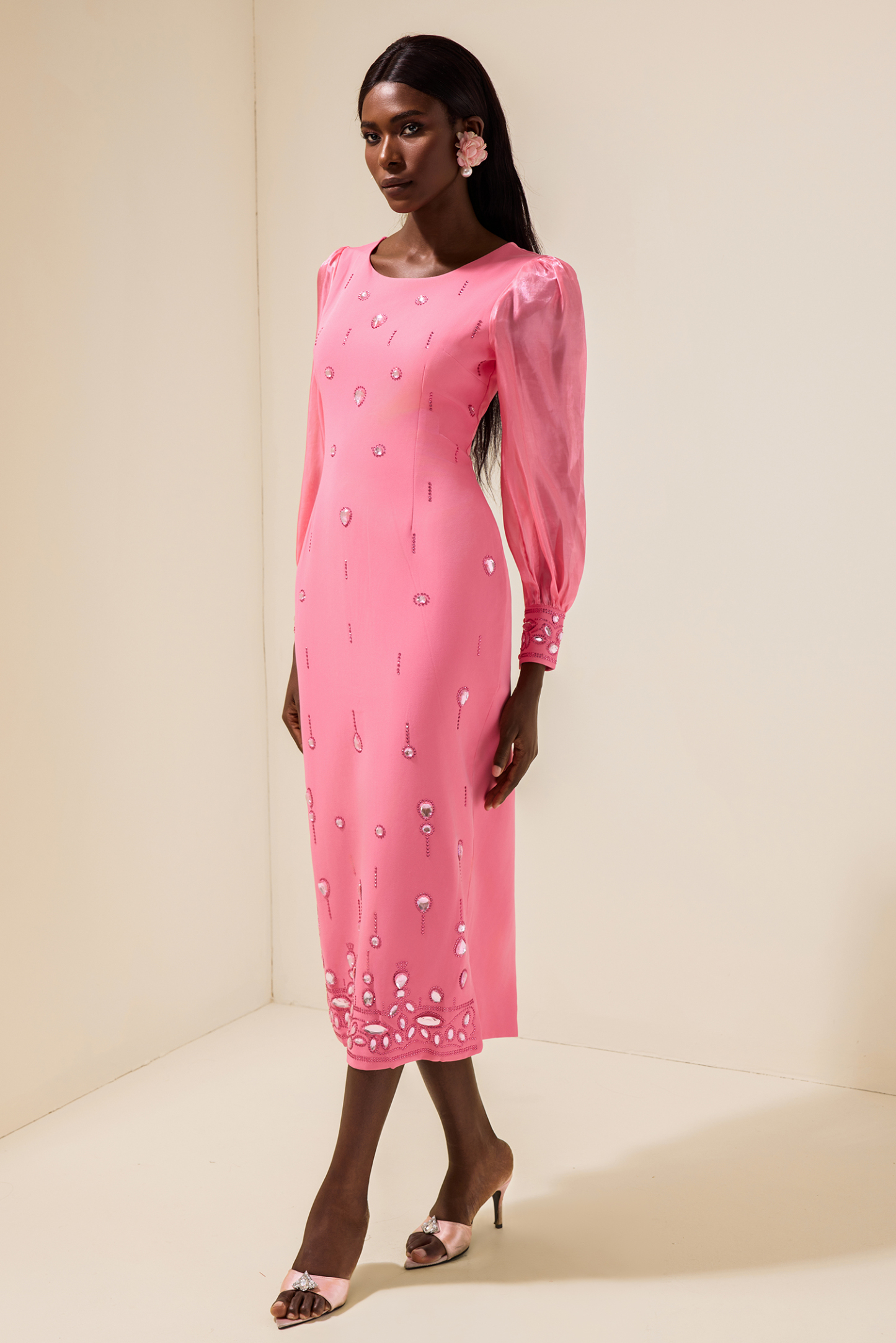 Rhinestone Puff Sleeve Slit Midi Dress