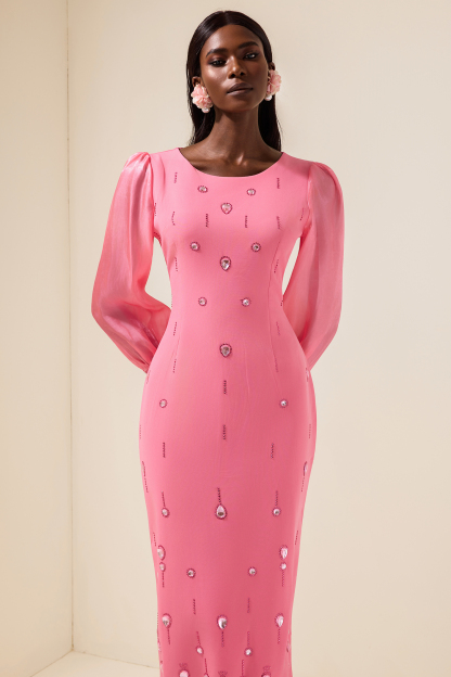 Rhinestone Puff Sleeve Slit Midi Dress