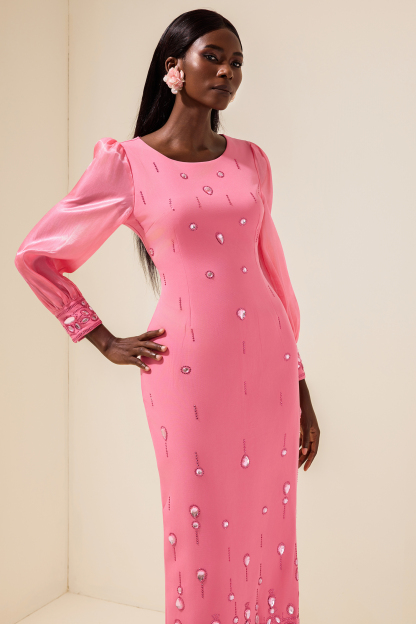 Rhinestone Puff Sleeve Slit Midi Dress