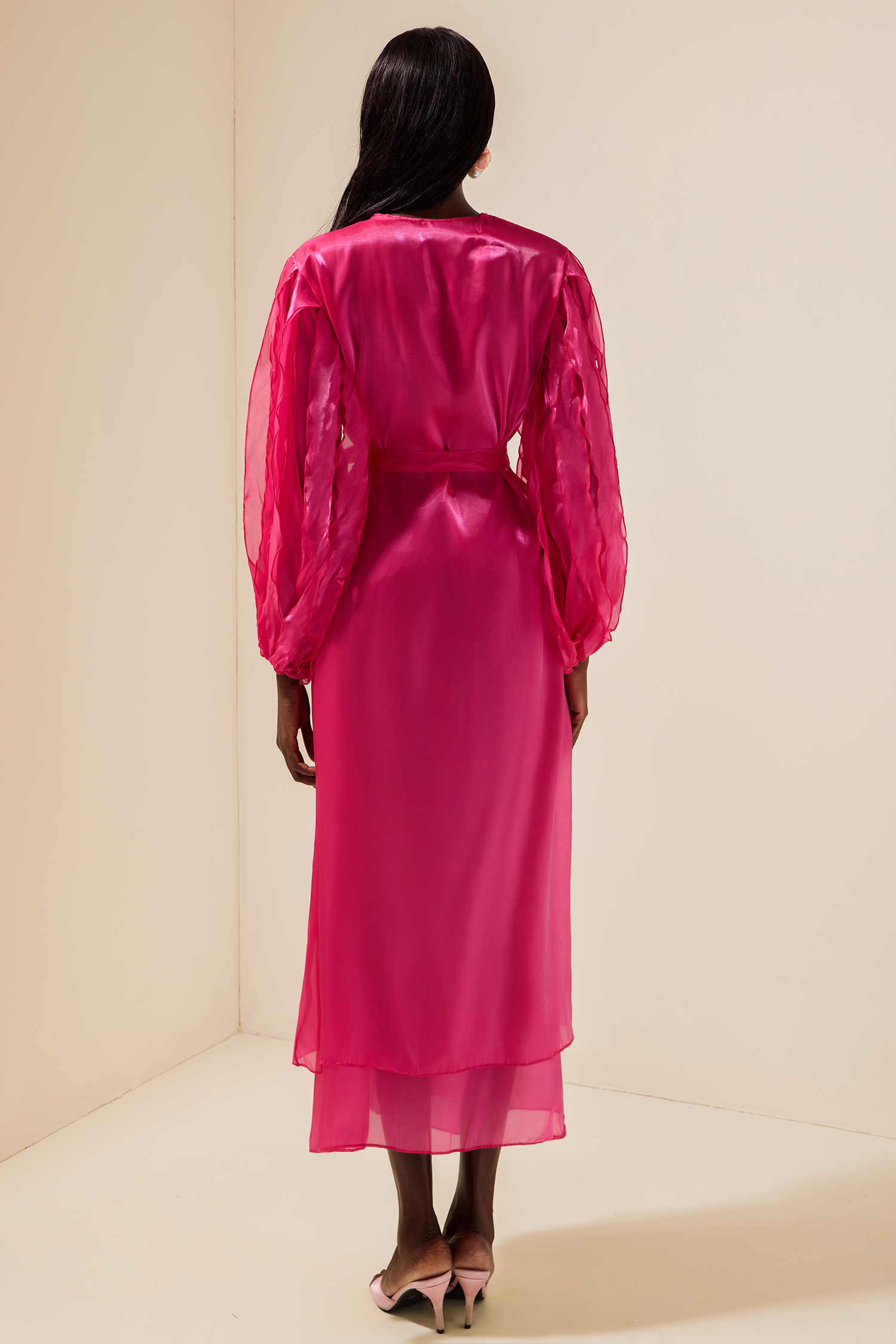 Satin Bow Frill Wrap Midi Dress