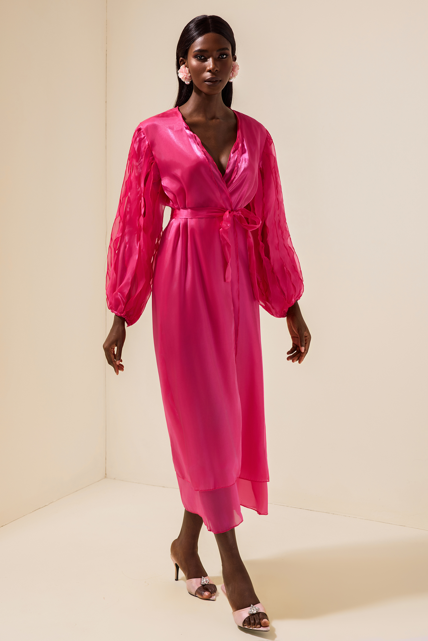 Satin Bow Frill Wrap Midi Dress