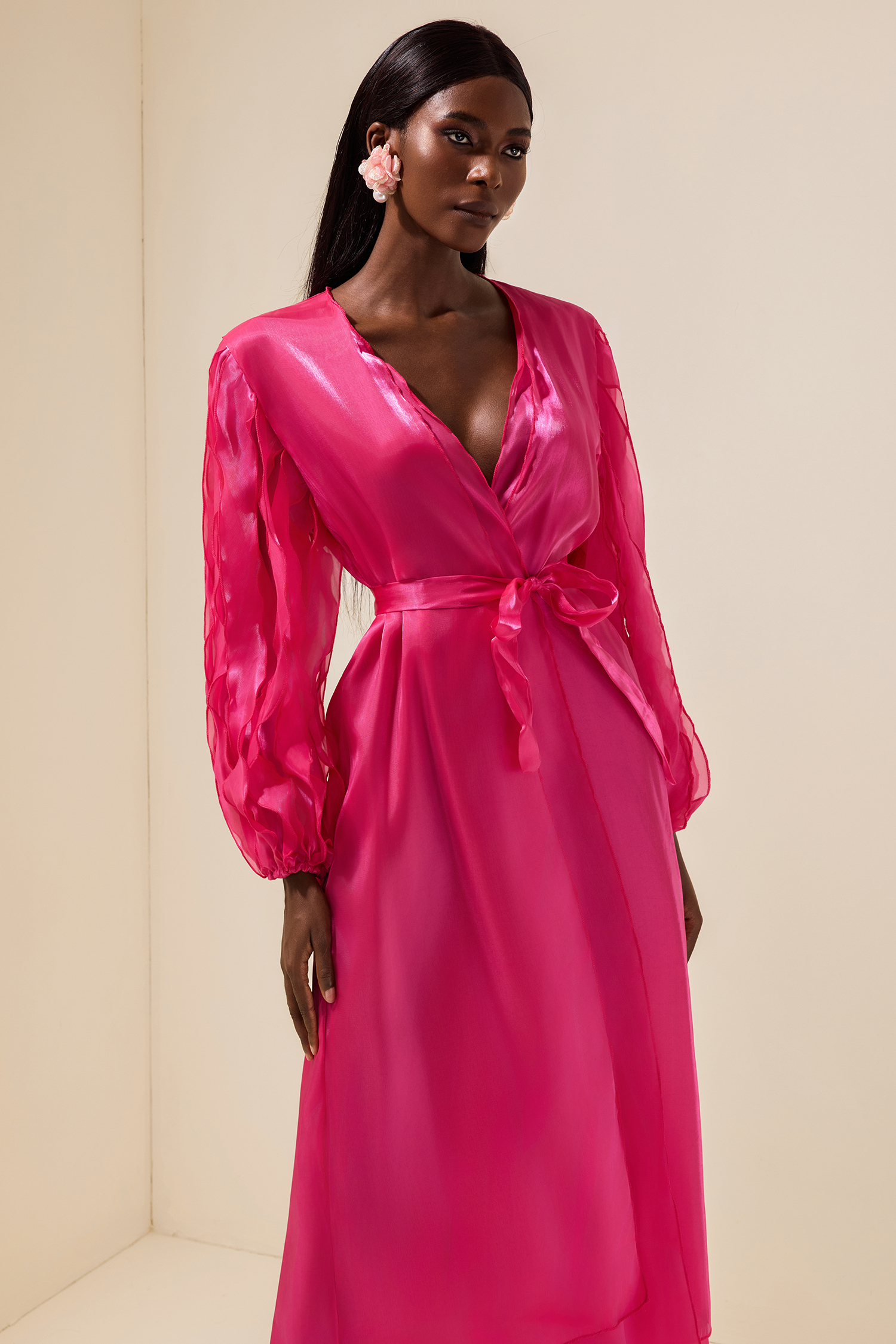 Satin Bow Frill Wrap Midi Dress