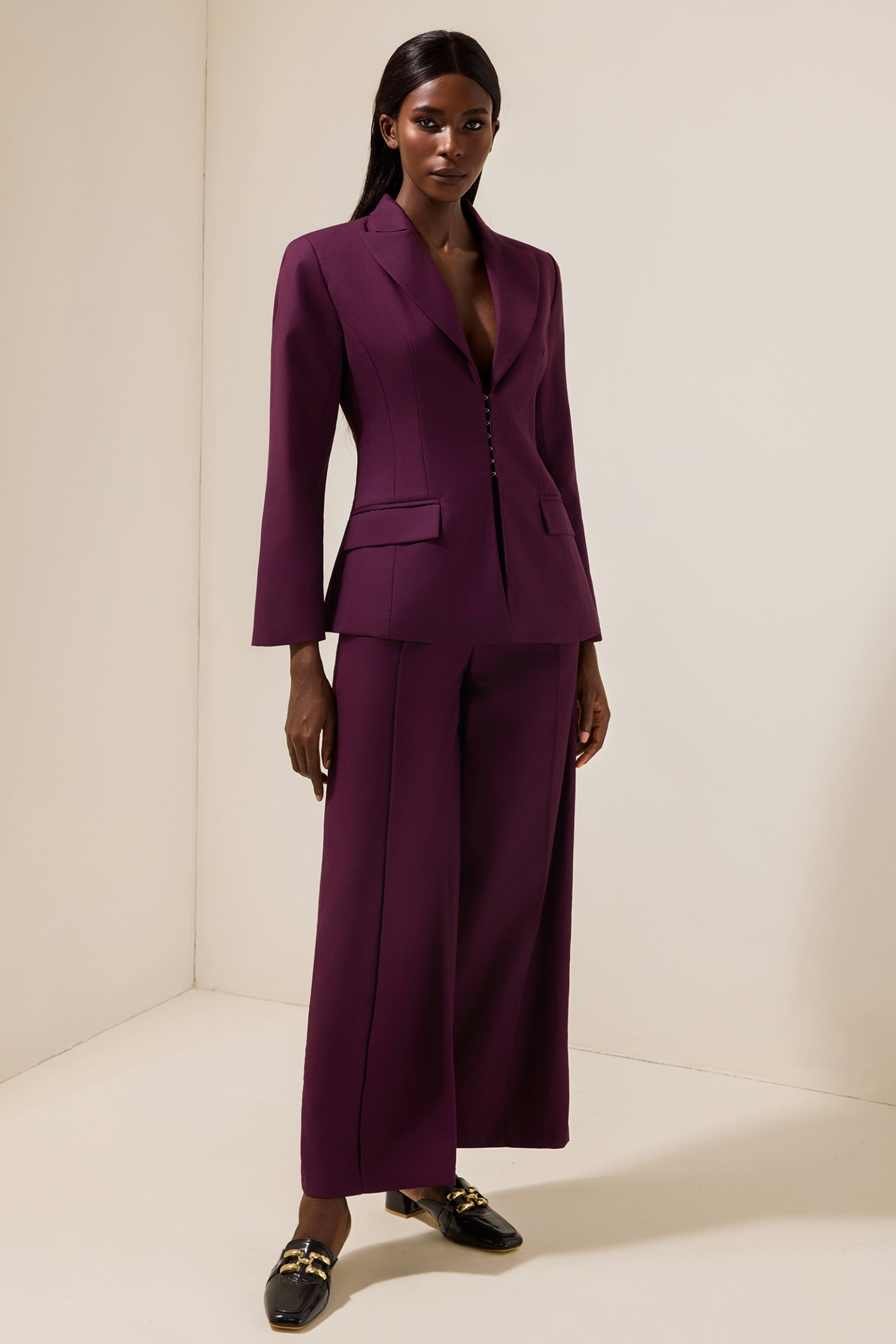 Solid Tailored Collar Blazer & High Waist Loose Pants Set