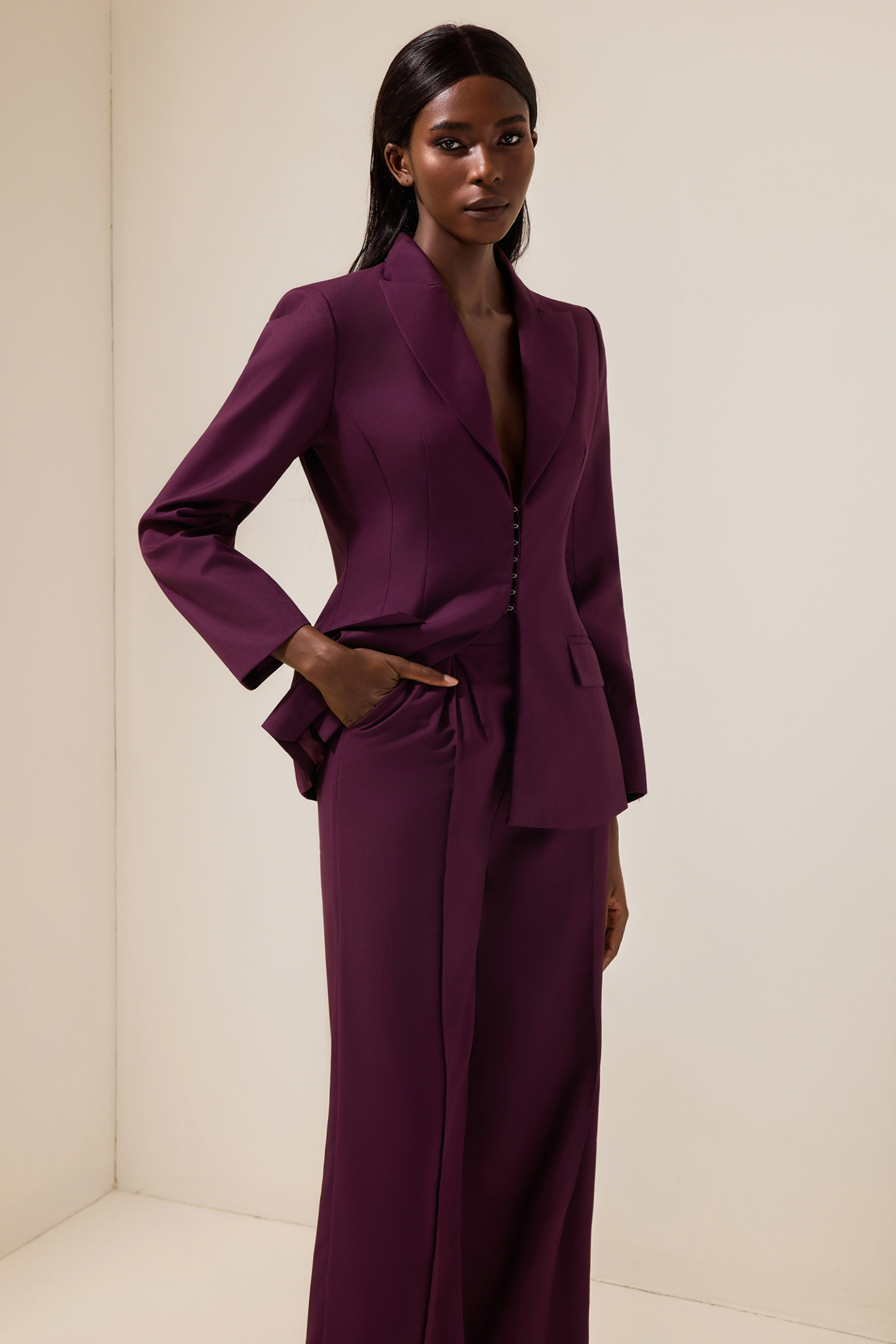 Solid Tailored Collar Blazer & High Waist Loose Pants Set