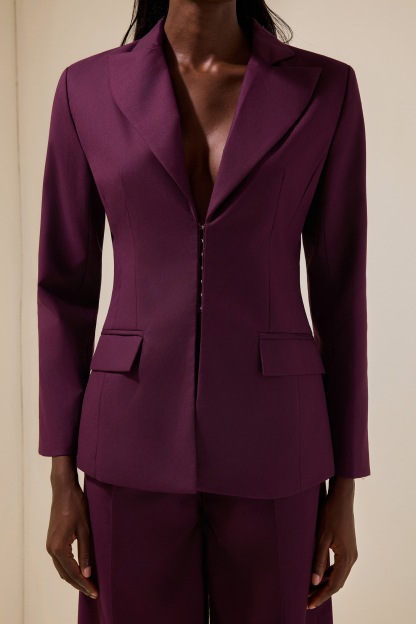 Solid Tailored Collar Blazer & High Waist Loose Pants Set