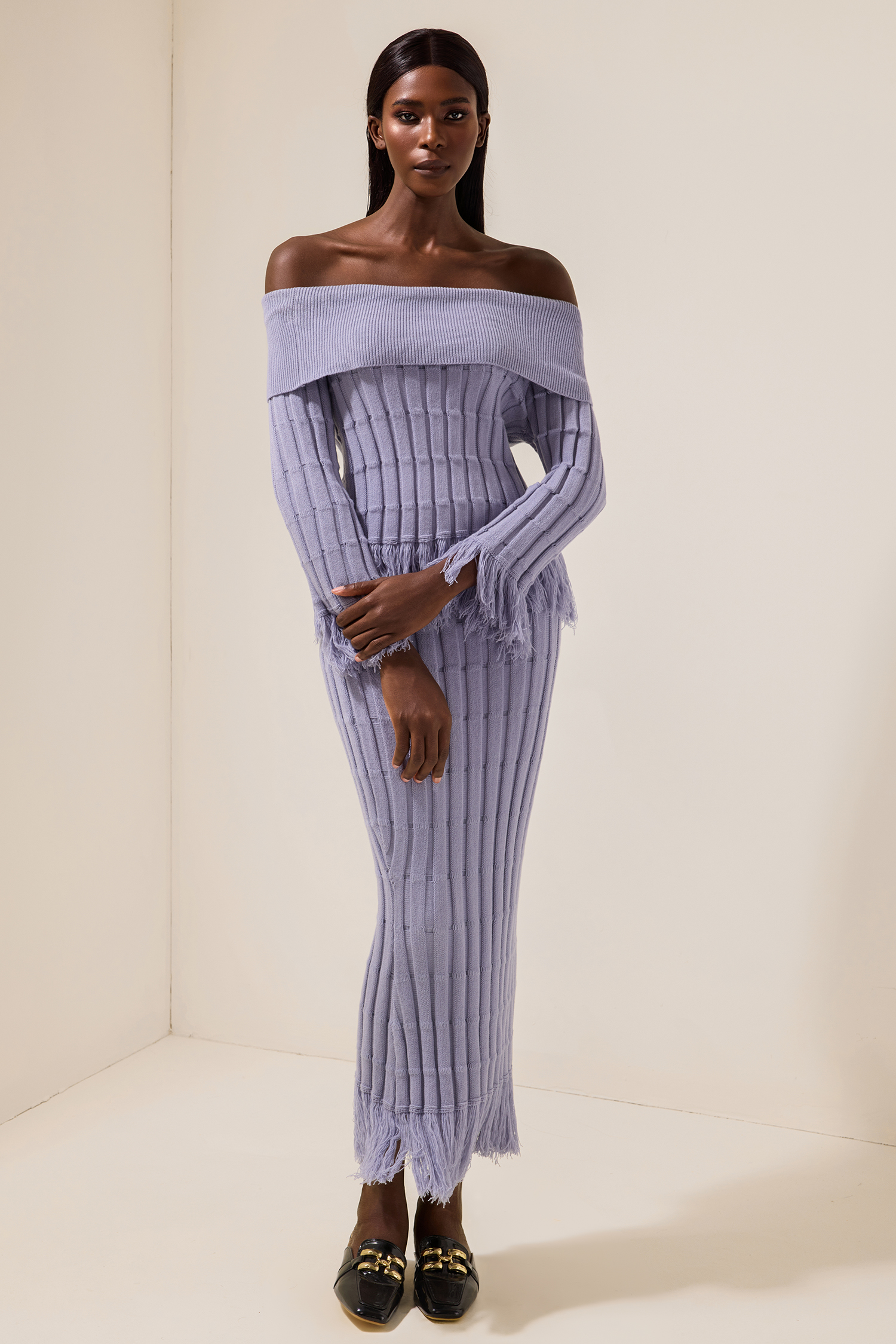 Jersey Off-Shoulder Long Sleeve Top & Tassel High Waist Midi Skirt Set