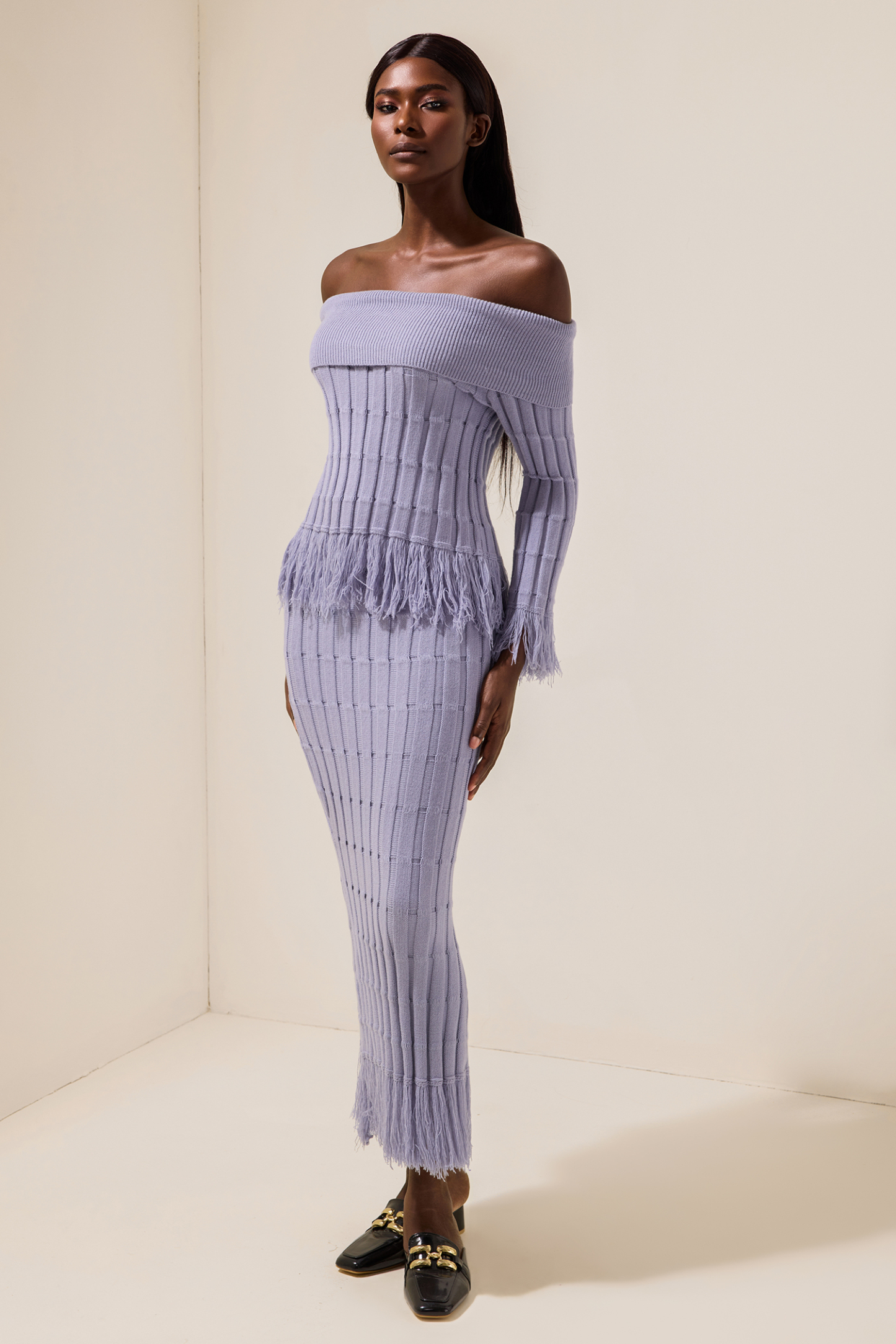 Jersey Off-Shoulder Long Sleeve Top & Tassel High Waist Midi Skirt Set