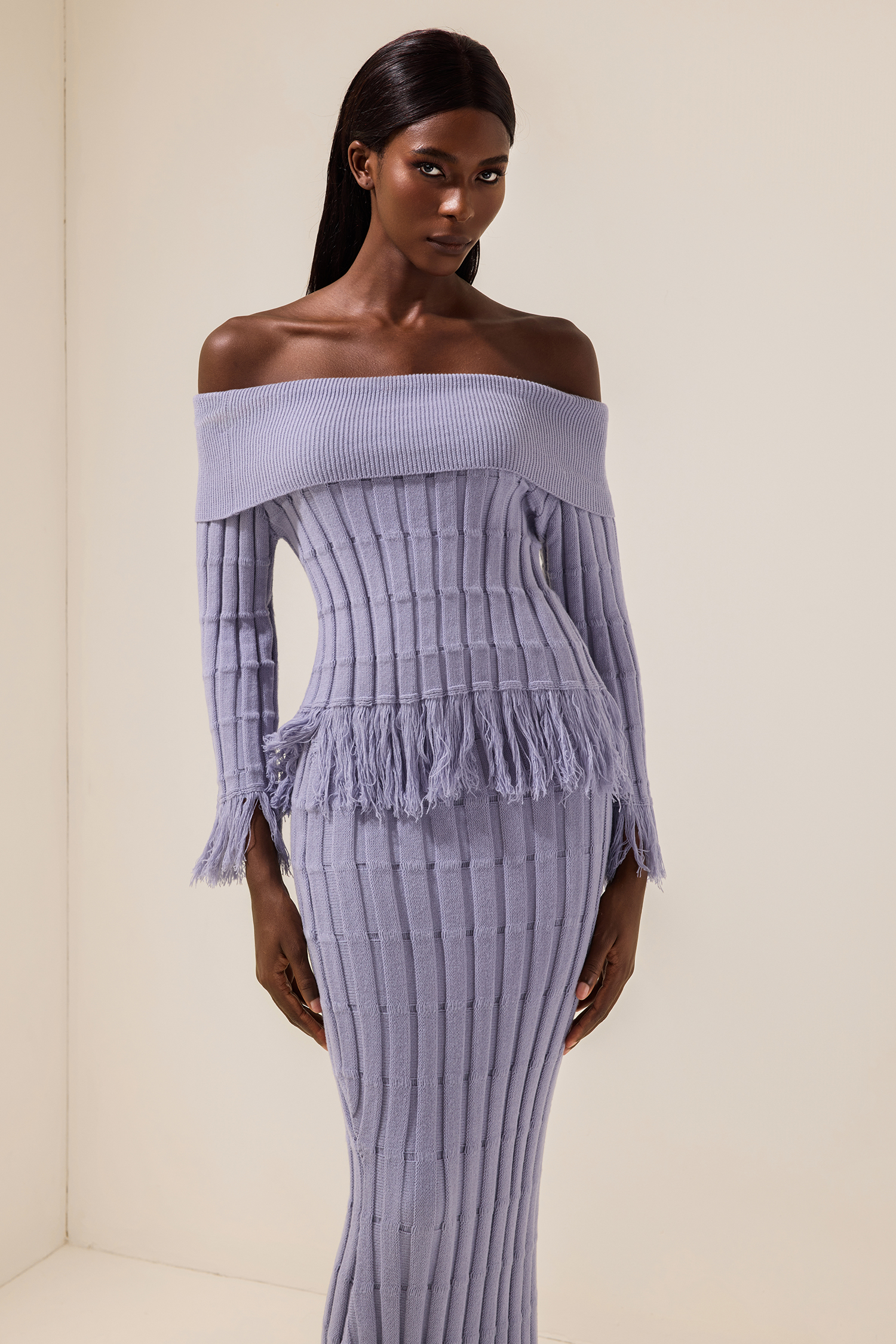 Jersey Off-Shoulder Long Sleeve Top & Tassel High Waist Midi Skirt Set