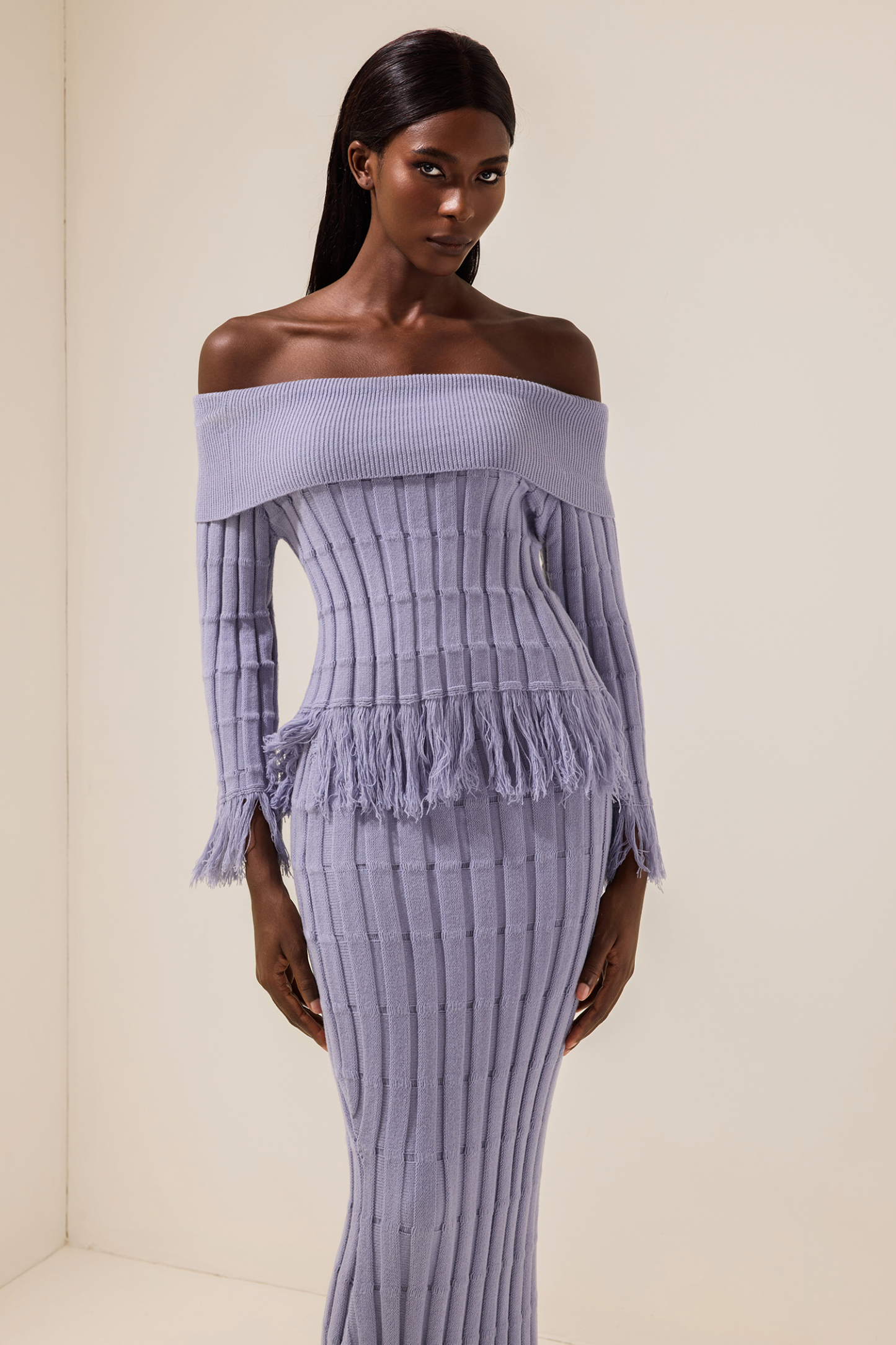 Jersey Off-Shoulder Long Sleeve Top & Tassel High Waist Midi Skirt Set