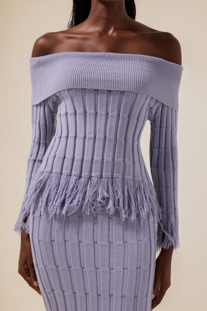 Jersey Off-Shoulder Long Sleeve Top & Tassel High Waist Midi Skirt Set