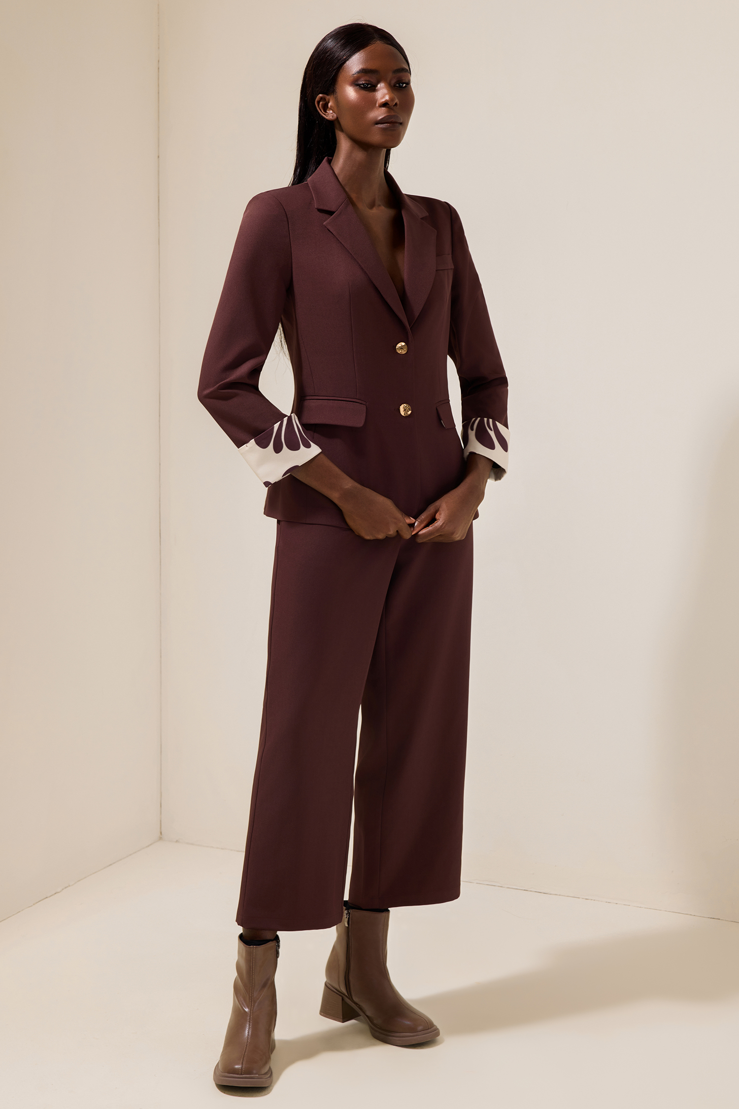 Metal Button Blazer & High Waist Pants Set With Belt