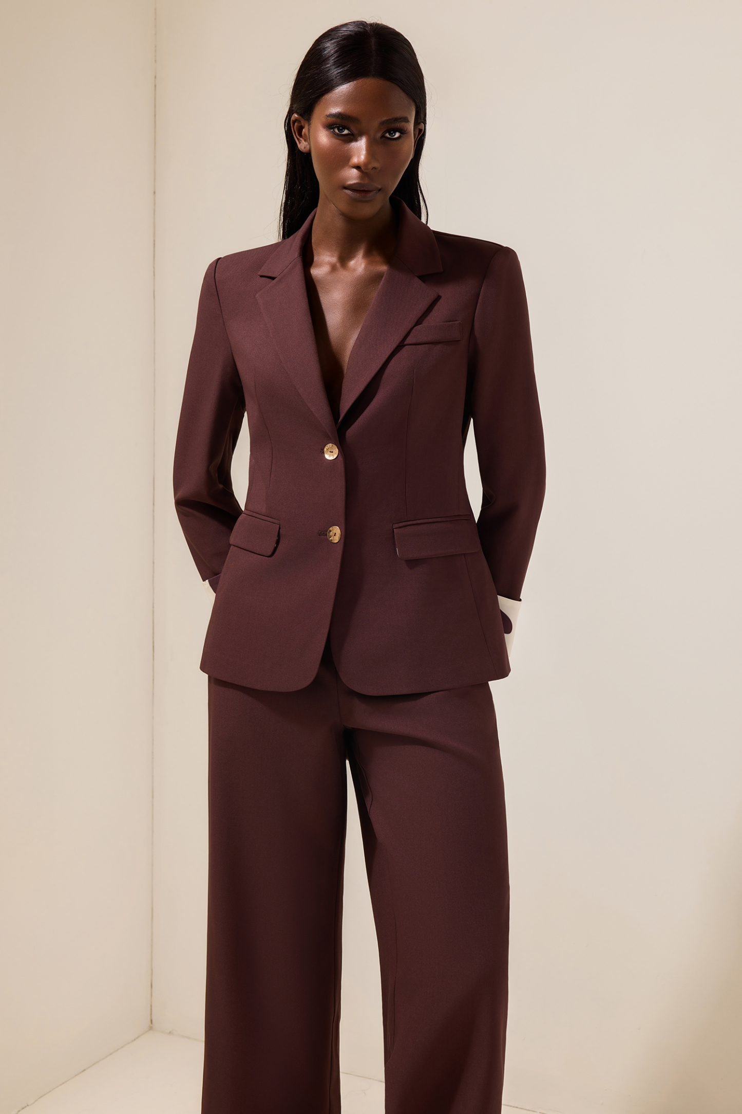 Metal Button Blazer & High Waist Pants Set With Belt