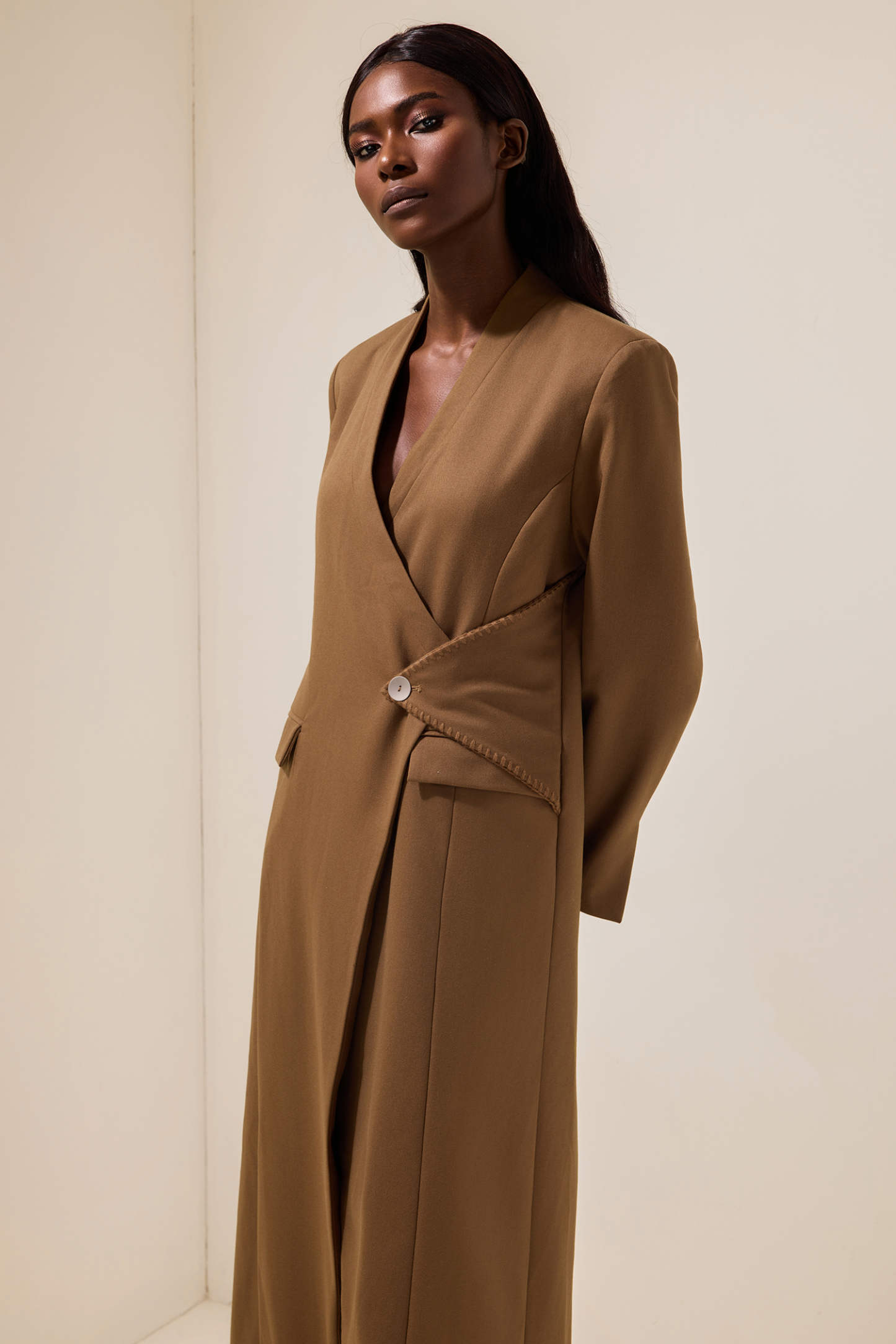 Woolen Long Sleeve Pocket Coat