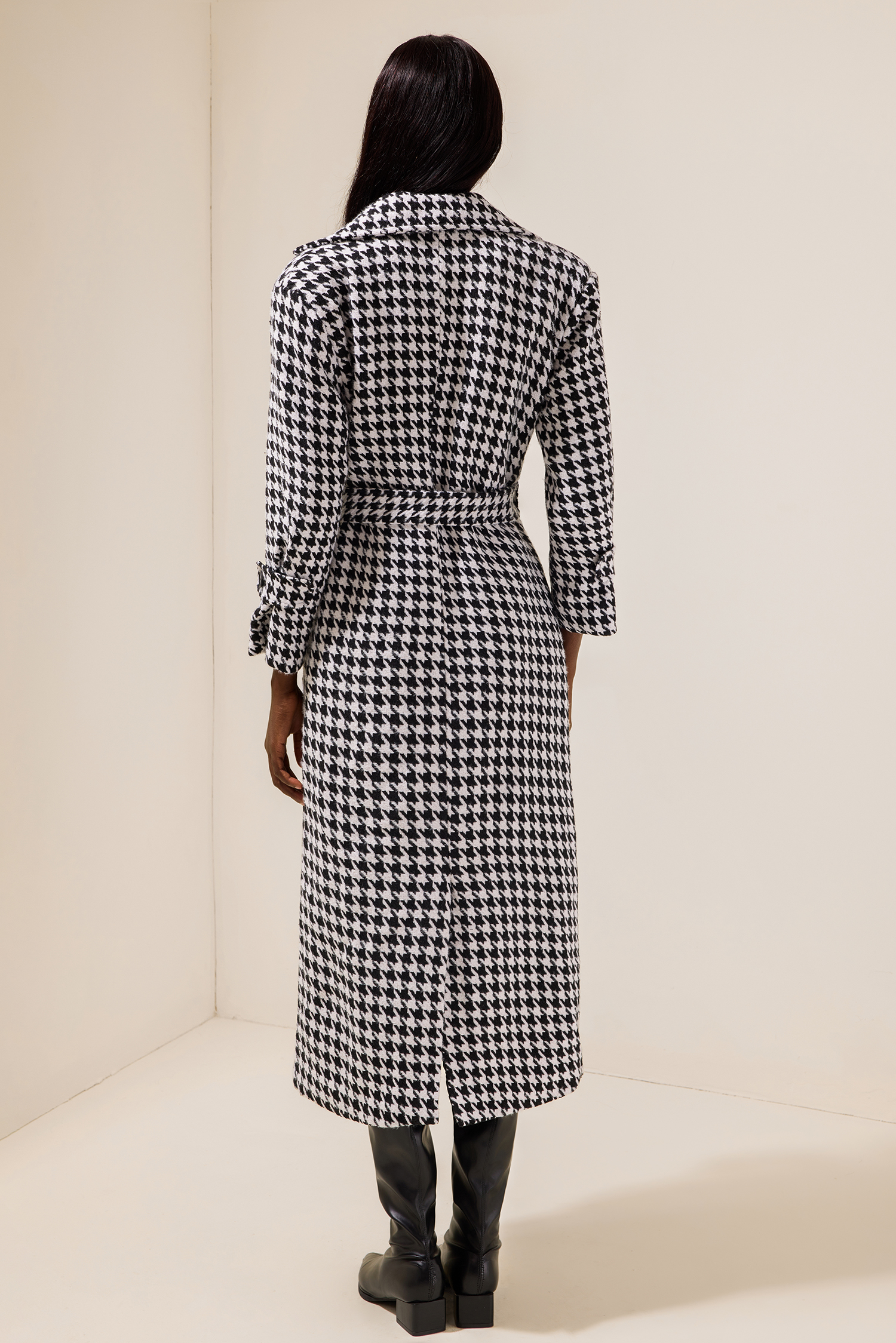 Houndstooth Long Sleeve Pocket Maxi Coat