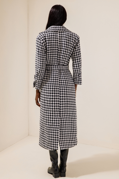 Houndstooth Long Sleeve Pocket Maxi Coat