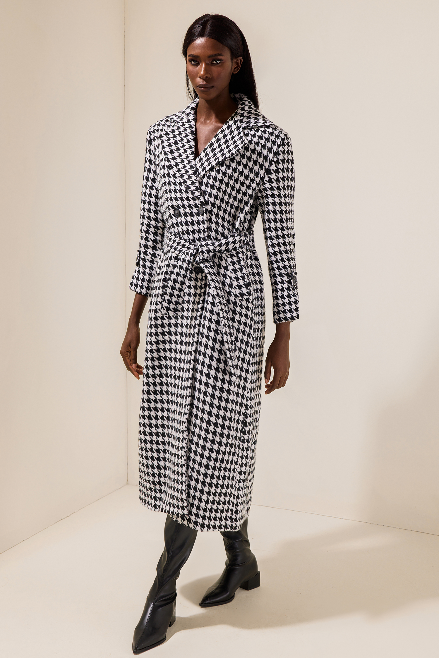 Houndstooth Long Sleeve Pocket Maxi Coat